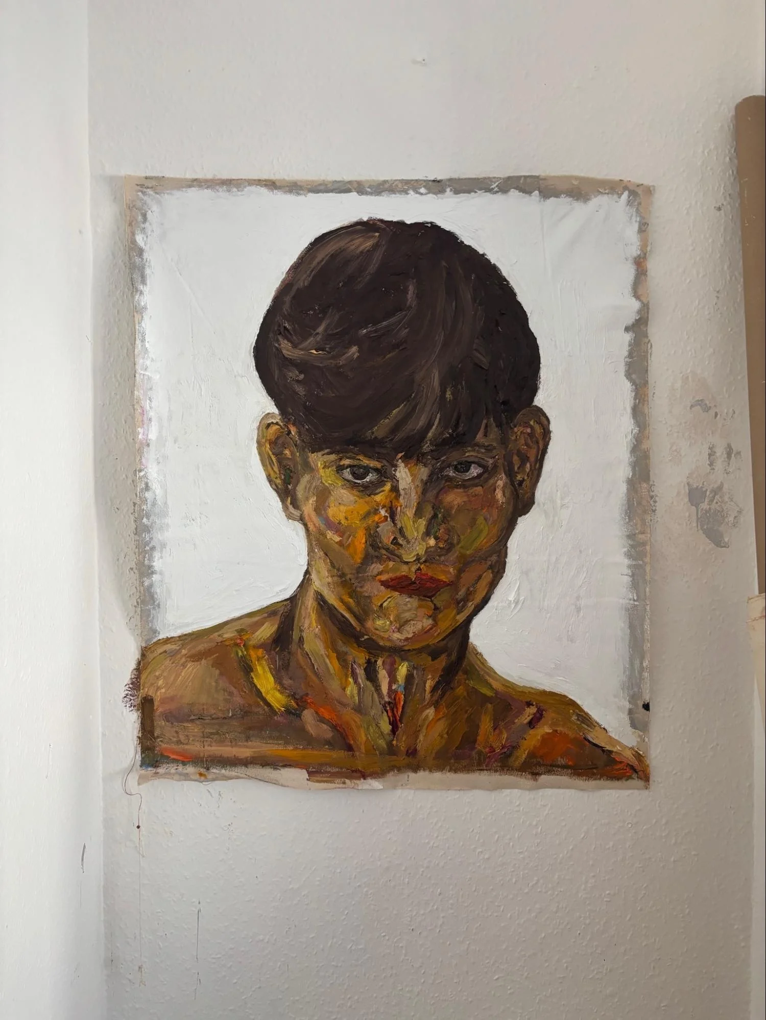 Oversized masculine figure study executed with thick, textured impasto oil layers and vibrant expressionist brushwork.