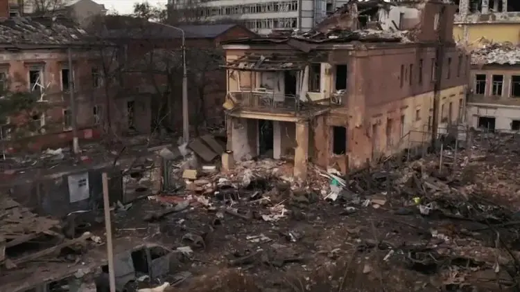 Cinematic horizontal architecture panel depicting structural ruins inside Ukraine.