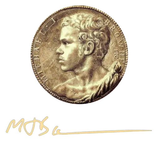 Profile of Michael J Browne on a coin.